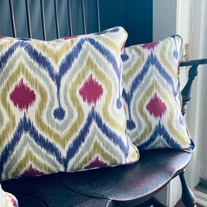 Set of Two (2) Handmade Cotton 16" Throw Pillows in Ikat Style Upholstery Fabric